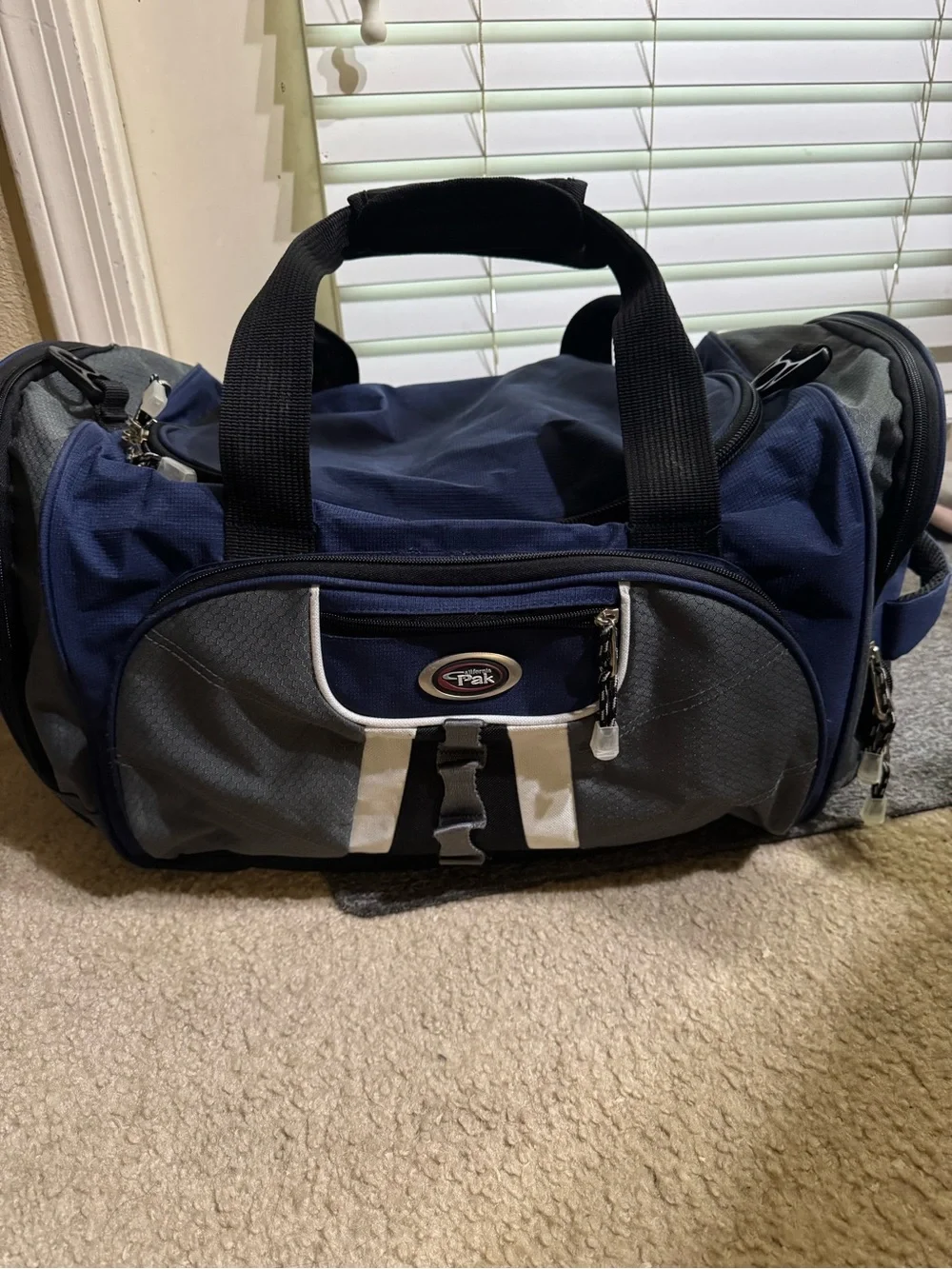 Calpak Navy and Gray Travel Duffel with Black Straps